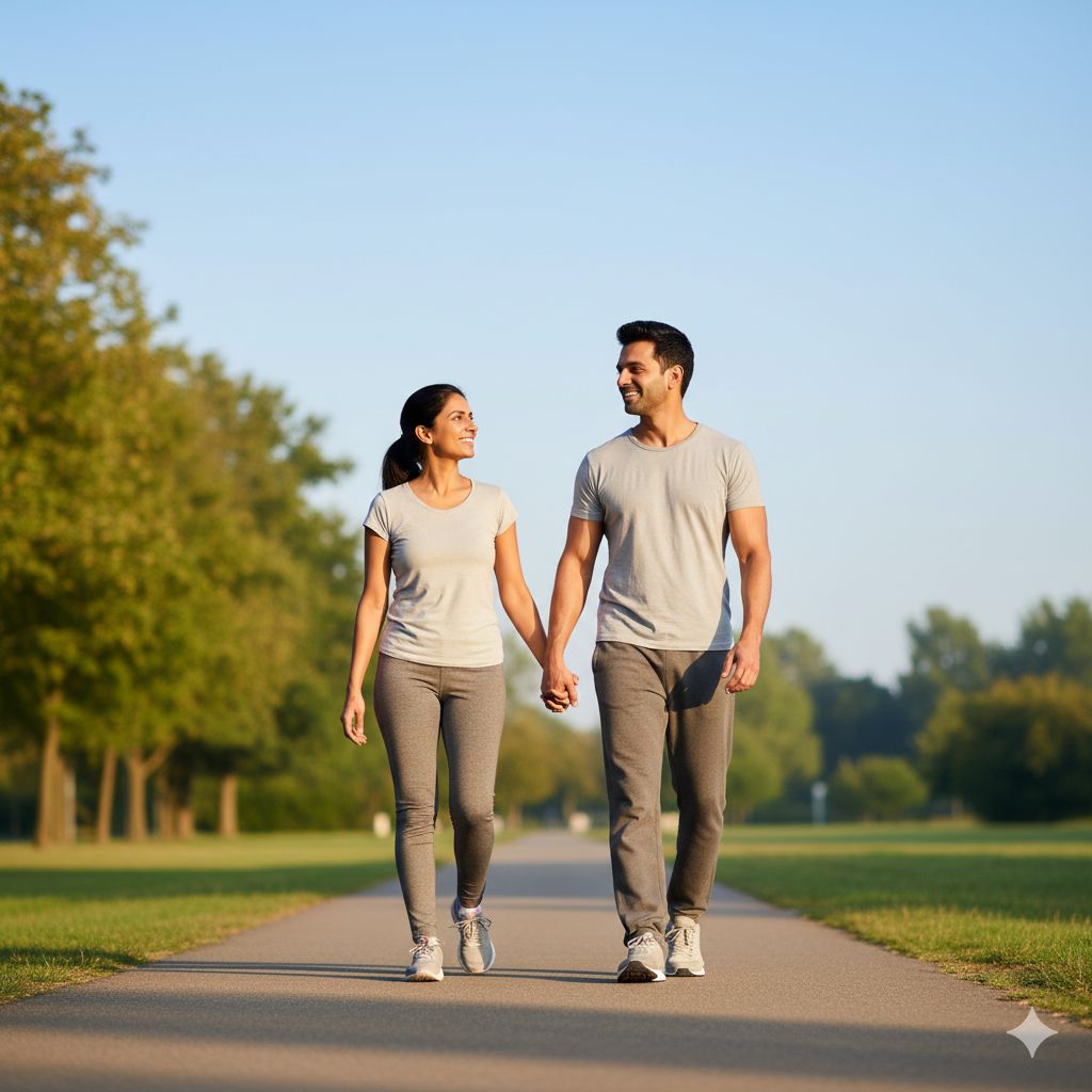 Natural weight loss lifestyle with an Indian couple walking calmly in the morning